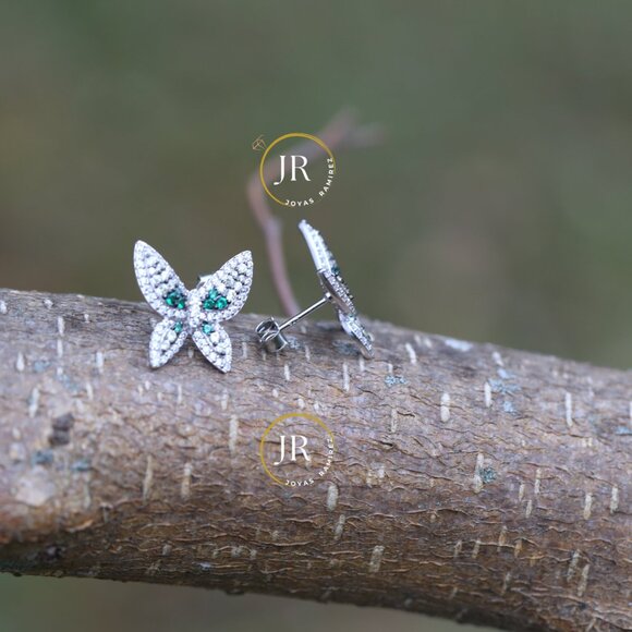 Sterling Silver Butterfly Earrings • Emerald & Clear CZ • Luxe Wing Design. - Picture 5 of 7